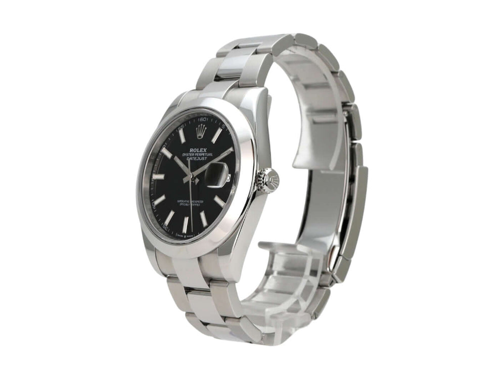 Rolex Datejust 41 Edelstahl 126300 Schwarz Oyster-Band seitliche Ansicht der Uhr mit schwarzem Zifferblatt.