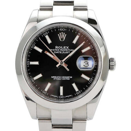 Rolex Datejust 41 Edelstahl Automatikuhr mit schwarzem Zifferblatt und Oysterband, Gehäusedurchmesser 41 mm.