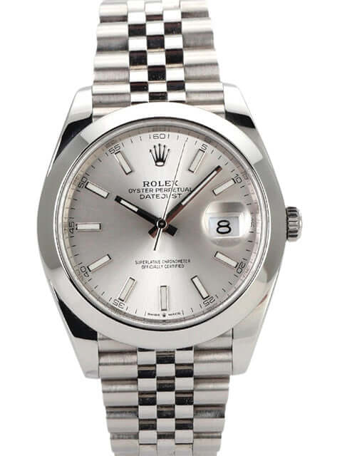 Rolex Datejust 41 Edelstahl 126300 mit silbernem Zifferblatt und Jubile-Band, Automatikwerk und Datumsanzeige.