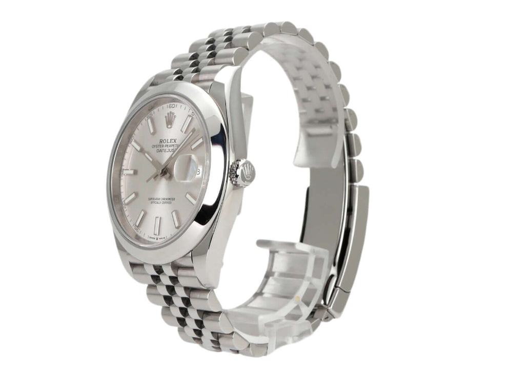 Rolex Datejust 41 Edelstahl 126300 mit silbernem Zifferblatt und Jubile-Armband, elegante Uhr aus 2022.