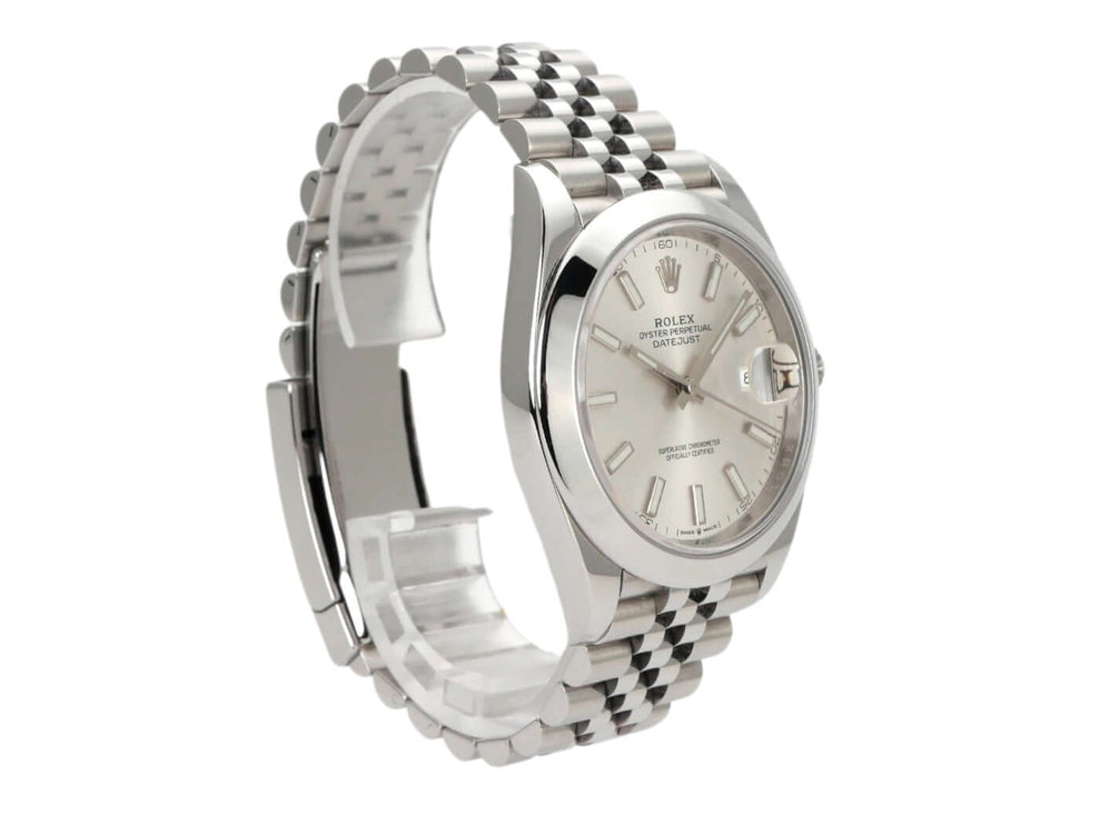 Rolex Datejust 41 Edelstahl 126300 mit silbernem Zifferblatt und Jubile Edelstahlband, 2022 Modell.