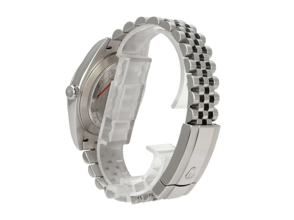 Rolex Datejust 41 Edelstahl 126300 mit silbernem Jubile-Band und polierter Lünette, seitliche Ansicht der Uhr.