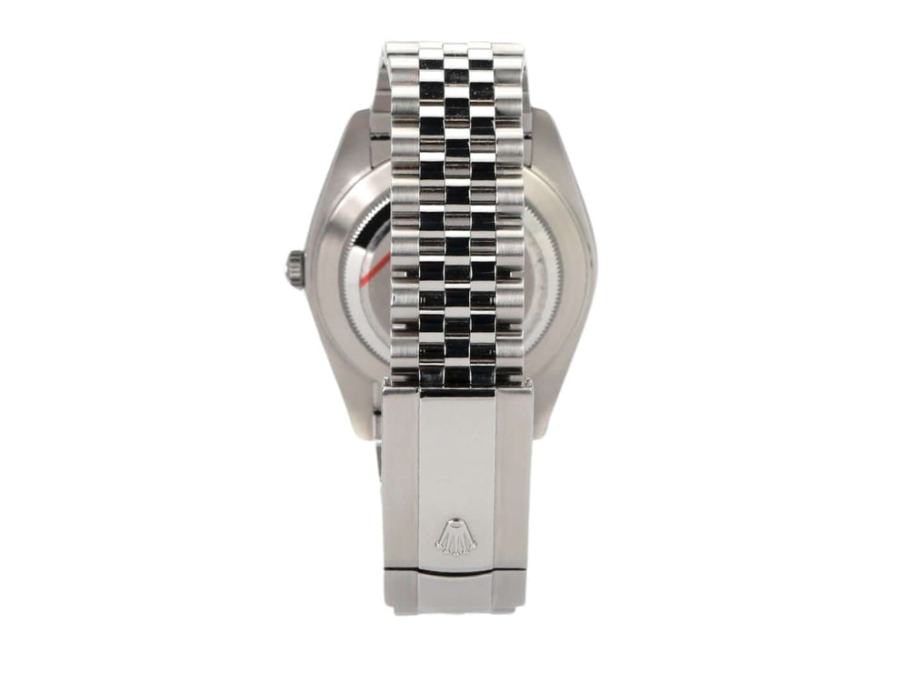 Rückansicht der Rolex Datejust 41 Edelstahl 126300 mit Jubile-Band und polierter Edelstahl-Faltschließe.