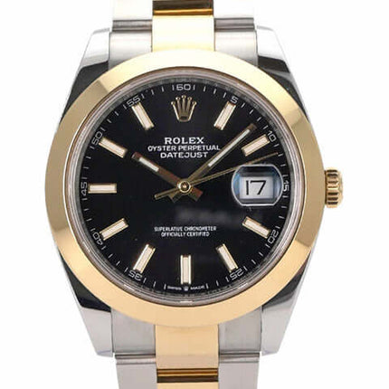 Rolex Datejust 41 Edelstahl Gelbgold Uhr mit schwarzem Zifferblatt und Oyster Armband, Modell 126303 aus 2021.