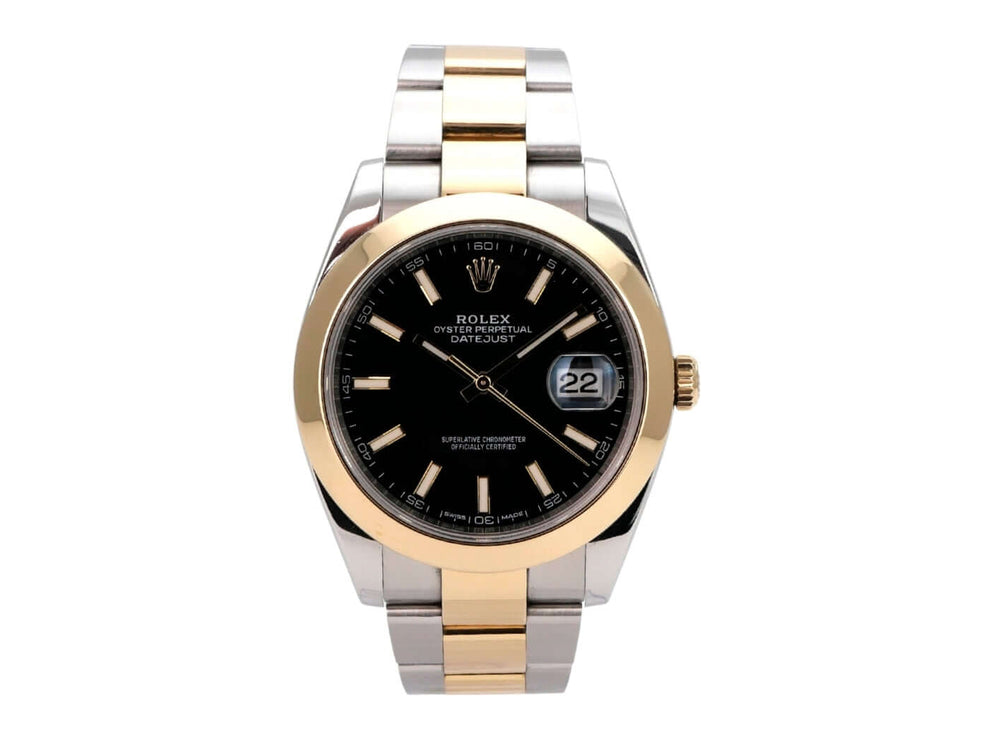 Rolex Datejust 41 Edelstahl Gelbgold 126303 Schwarz, schwarzes Zifferblatt und Oyster-Armband.