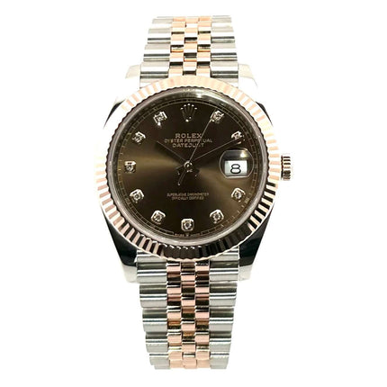 Rolex Datejust 41 Edelstahl Everose-Gold 126331 mit Schokoladenfarbenem Diamantzifferblatt und Jubile-Armband aus Edelstahl und 18 kt Everose-Gold