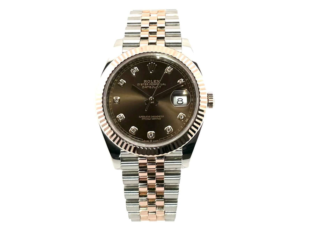 Rolex Datejust 41 Edelstahl Everose-Gold 126331 mit Schokoladenfarbenem Diamantzifferblatt und Jubile-Armband aus Edelstahl und 18 kt Everose-Gold