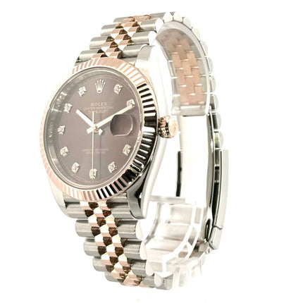 Rolex Datejust 41 Edelstahl Everose-Gold Ref. 126331 mit schokoladenfarbenem Diamantzifferblatt und Jubile-Armband aus Edelstahl und Everose-Gold.
