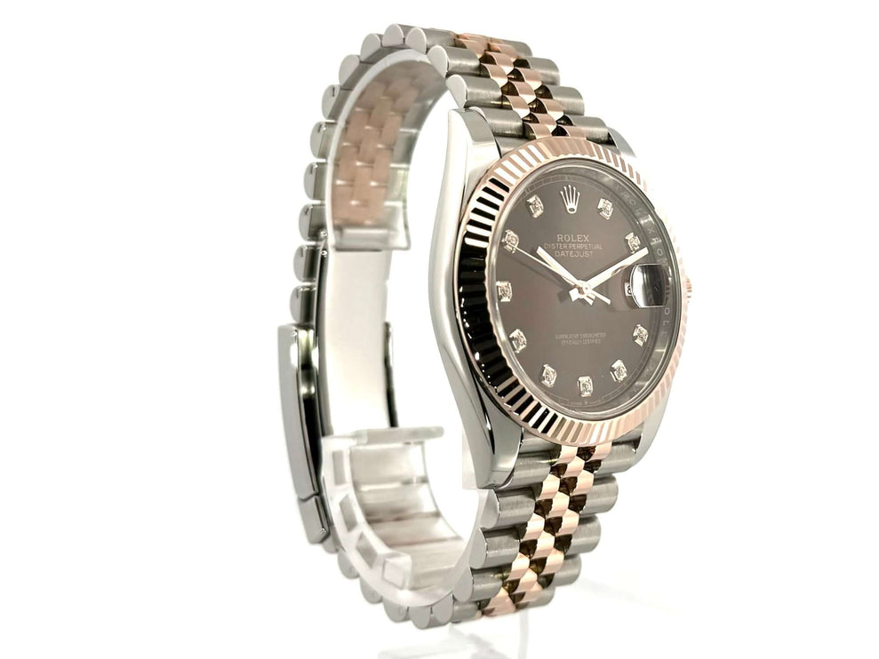 Rolex Datejust 41 Edelstahl Everose-Gold 126331 Uhr mit Schokoladenzifferblatt und Diamanten auf Jubile-Band aus Edelstahl und Gold