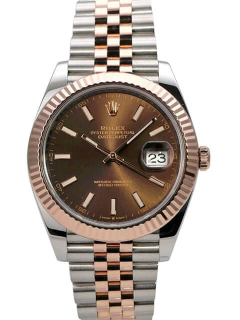 Rolex Datejust 41 Edelstahl Everose-Gold 126331 Choco Jubile-Band, seitliche Ansicht des Gehäuses mit polierter und satinierter Oberfläche.