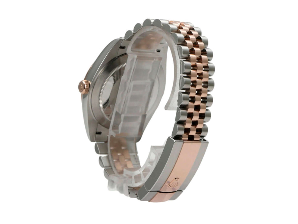Rolex Datejust 41 Edelstahl Everose-Gold 126331 Choco Jubile-Band, Detailaufnahme der verschraubten 18 kt Everose-Gold Krone.