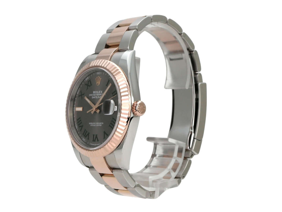 Rolex Datejust 41 Edelstahl Everose-Gold 126331 Slate Römisch seitliche Ansicht mit Edelstahl- und Everose-Gold-Armband.
