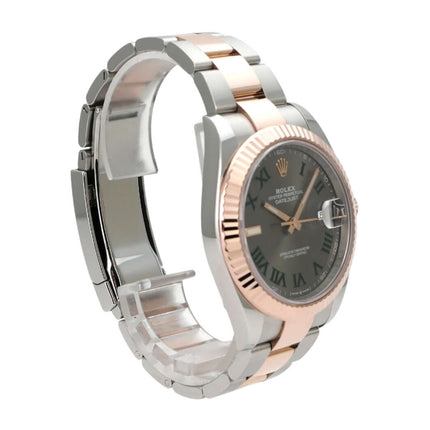 Rolex Datejust 41 Edelstahl Everose-Gold 126331 Slate Römisch elegante Automatikarmbanduhr mit Zifferblatt in Schiefergrau.