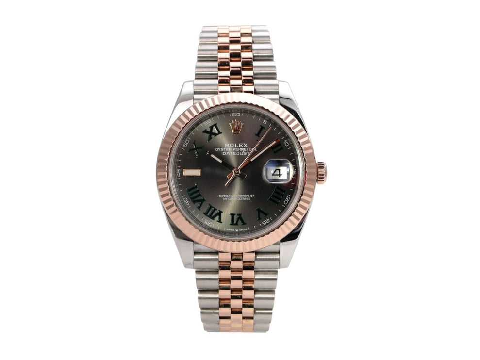 Rolex Datejust 41 Edelstahl Everose-Gold 126331 Slate Jubile-Band with fluted bezel and jubilee bracelet.