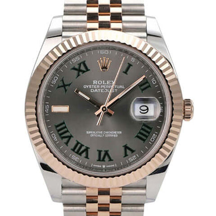 Rolex Datejust 41 Edelstahl Everose-Gold 126331 Slate Römisch Jubile-Band mit grauem Zifferblatt und römischen Ziffern.