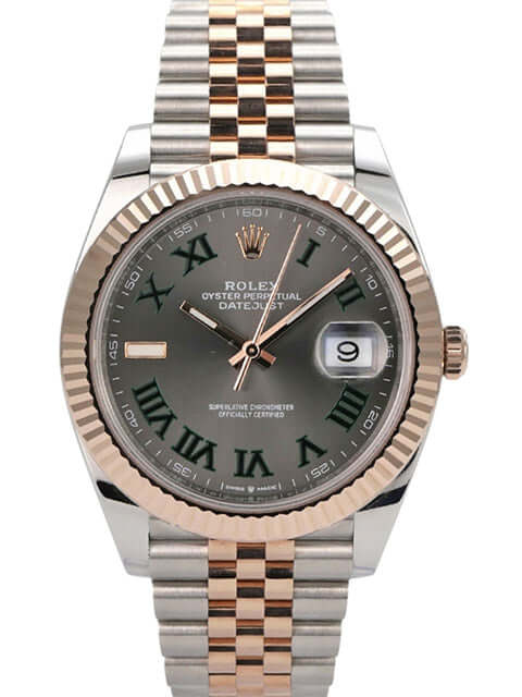 Rolex Datejust 41 Edelstahl Everose-Gold 126331 Slate Römisch Jubile-Band mit grauem Zifferblatt und römischen Ziffern.