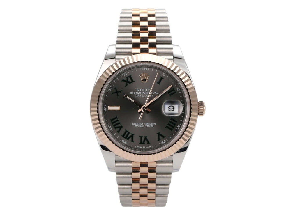 Rolex Datejust 41 Edelstahl Everose-Gold 126331 Slate Römisch Jubile-Band mit schiefergrauem Zifferblatt und Jubile-Armband.