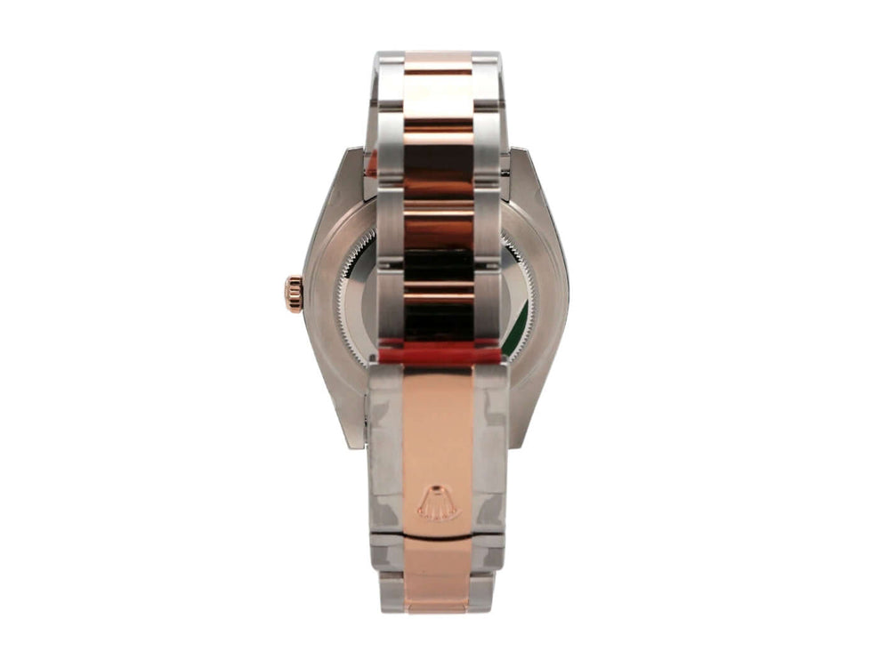 Rolex Datejust 41 Edelstahl Everose-Gold Ref. 126331, Ansicht von hinten mit Oyster-Armband, poliert und satiniert.