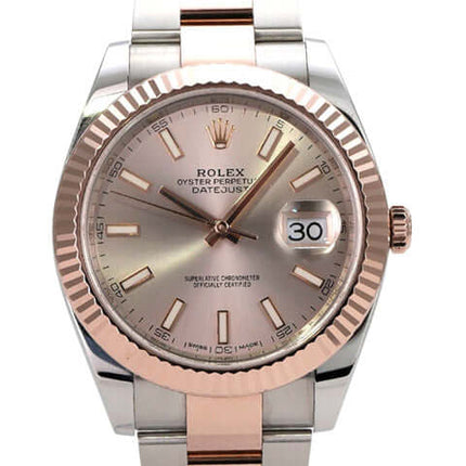 Rolex Datejust 41 Edelstahl Everose-Gold 126331 Sundust mit Sundust Zifferblatt und Everose-Gold Lünette.