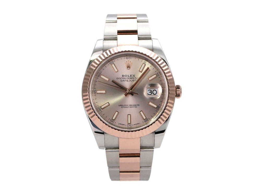 Rolex Datejust 41 Edelstahl Everose-Gold 126331 Sundust mit Sundust Zifferblatt und Everose-Gold Lünette.