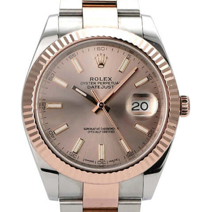 Rolex Datejust 41 Edelstahl Everose-Gold 126331 Sundust mit Sundust-Zifferblatt und Everose-Gold-Lünette.