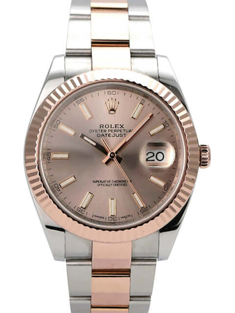 Rolex Datejust 41 Edelstahl Everose-Gold 126331 Sundust mit Sundust-Zifferblatt und Everose-Gold-Lünette.