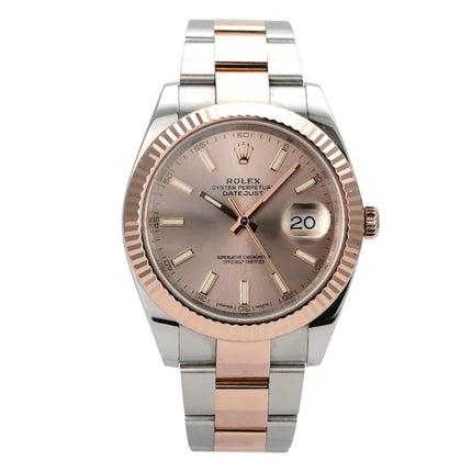 Rolex Datejust 41 Edelstahl Everose-Gold 126331 Sundust mit Sundust-Zifferblatt und geriffelter Lünette.