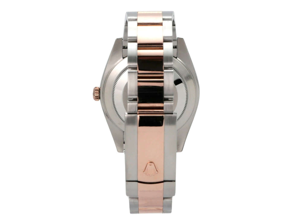 Rolex Datejust 41 Edelstahl Everose-Gold 126331 Sundust Rückansicht mit Oyster-Armband aus Edelstahl und Everose-Gold.