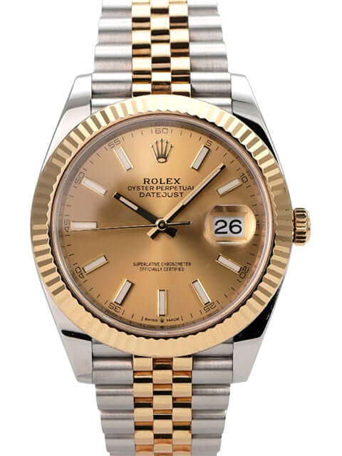 Rolex Datejust 41 Edelstahl Gelbgold 126333 Champagner Jubile-Band mit Champagner Zifferblatt und Jubile-Armband.