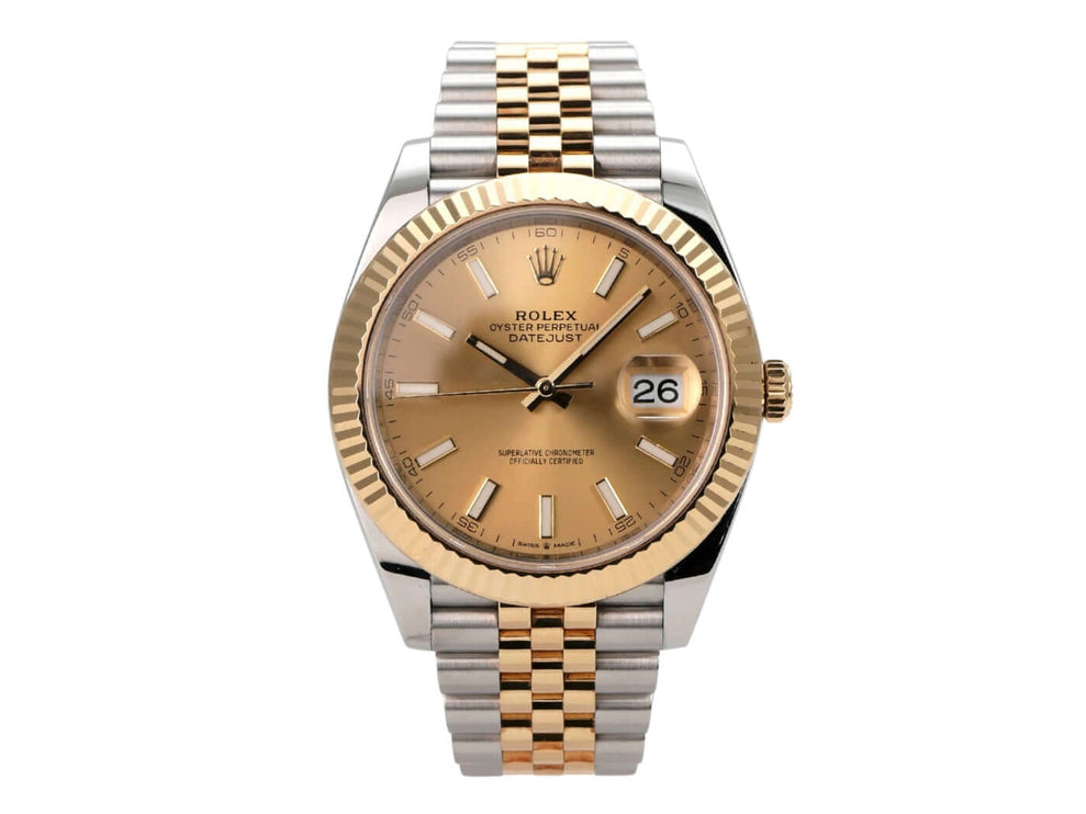 Rolex Datejust 41 Edelstahl Gelbgold 126333 Champagner Jubile-Band mit Zifferblatt in Champagnerfarbe.