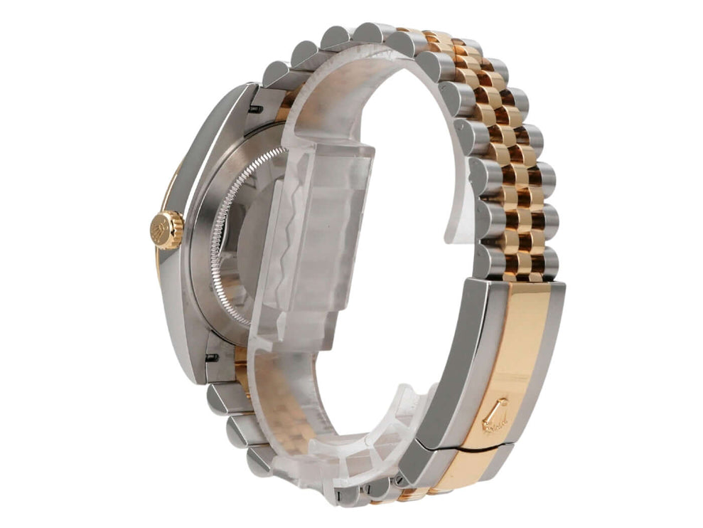 Rolex Datejust 41 Edelstahl Gelbgold 126333 Champagner Jubile-Band seitliche Ansicht mit Jubile-Armband.