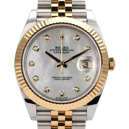 Rolex Datejust 41 Edelstahl Gelbgold 126333 Perlmutt DIA Jubile-Band mit Perlmuttzifferblatt und Diamanten.