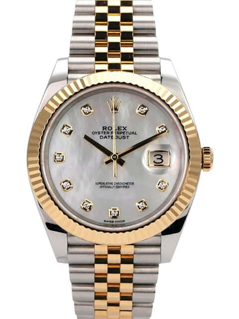 Rolex Datejust 41 Edelstahl Gelbgold 126333 Perlmutt DIA Jubile-Band mit Perlmuttzifferblatt und Diamanten.