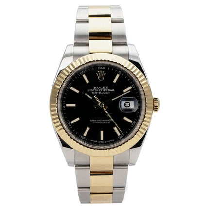 Rolex Datejust 41 Edelstahl Gelbgold 126333 Schwarz, schwarzes Zifferblatt, geriffelte Lünette, Oyster-Armband