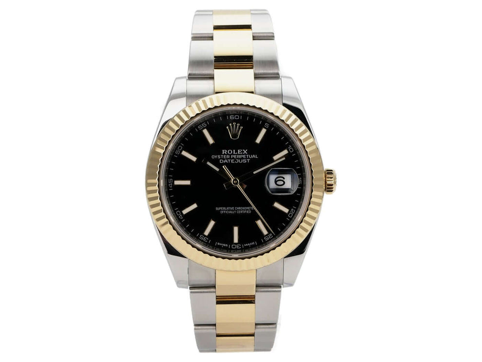 Rolex Datejust 41 Edelstahl Gelbgold 126333 Schwarz, schwarzes Zifferblatt, geriffelte Lünette, Oyster-Armband