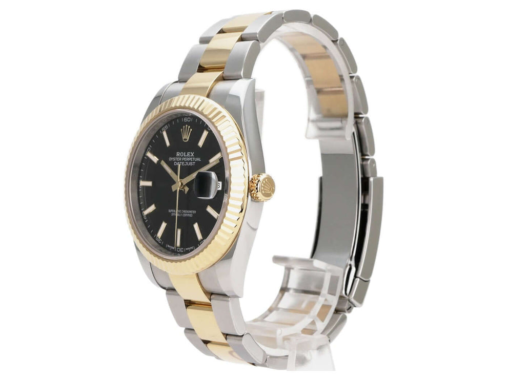 Rolex Datejust 41 Edelstahl Gelbgold 126333 Schwarz mit schwarzem Zifferblatt, 18-kt-Gelbgold-Lünette und Oyster-Armband