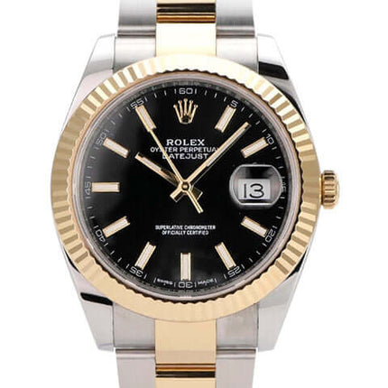 Rolex Datejust 41 Edelstahl Gelbgold 126333 mit schwarzem Zifferblatt und 18 kt Gelbgold Indizes aus 2018.