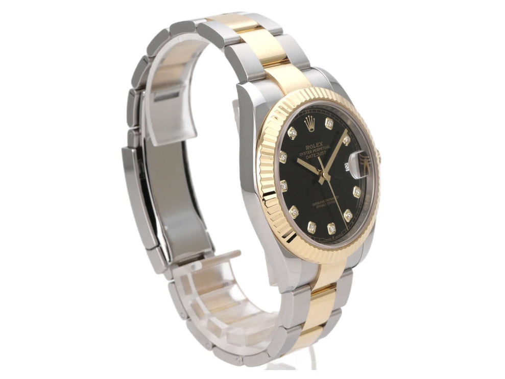 Rolex Datejust 41 Edelstahl Gelbgold 126333 Schwarz Diamant mit schwarzem Zifferblatt und Oyster-Band