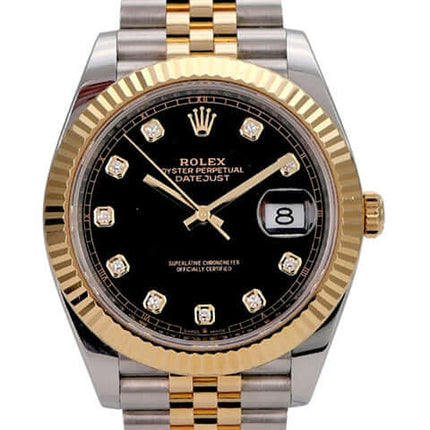 Rolex Datejust 41 Edelstahl Gelbgold 126333 Schwarz Diamant Jubile-Band mit schwarzem Zifferblatt und 10 Diamanten.