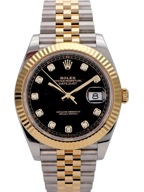 Rolex Datejust 41 Edelstahl Gelbgold 126333 Schwarz Diamant Jubile-Band mit schwarzem Zifferblatt und 10 Diamanten.