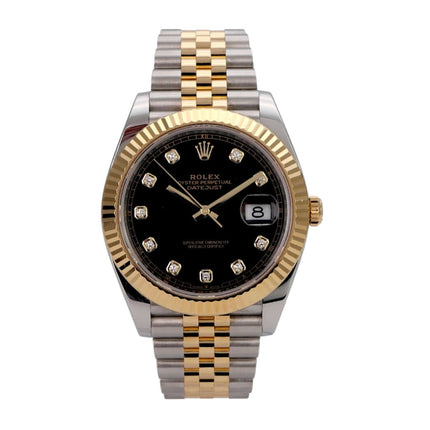 Rolex Datejust 41 Edelstahl Gelbgold 126333 Schwarz Diamant Jubile-Band mit schwarzem Zifferblatt und Diamanten.
