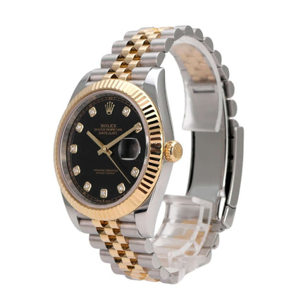 Rolex Datejust 41 Edelstahl Gelbgold 126333 Schwarz Diamant Jubile-Band mit schwarzem Zifferblatt und 10 Diamanten.