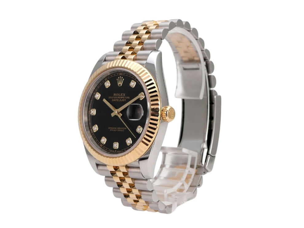 Rolex Datejust 41 Edelstahl Gelbgold 126333 Schwarz Diamant Jubile-Band mit schwarzem Zifferblatt und 10 Diamanten.