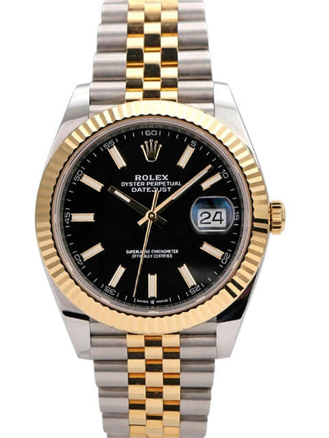 Rolex Datejust 41 Edelstahl Gelbgold 126333 mit schwarzem Zifferblatt und Jubilee-Armband.