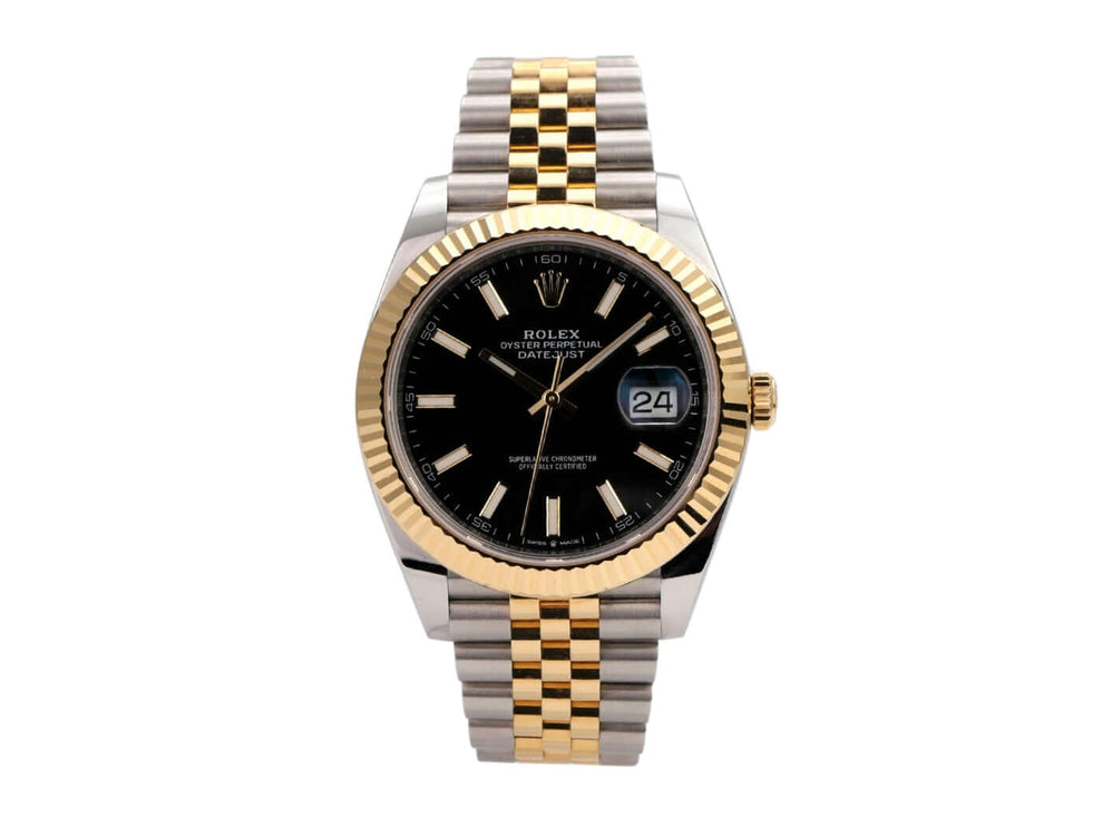 Rolex Datejust 41 Edelstahl Gelbgold 126333 mit schwarzem Zifferblatt und Jubile-Band in Edelstahl und Gelbgold.