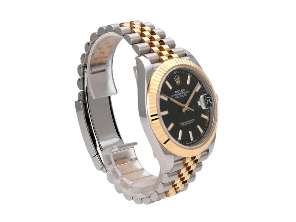 Rolex Datejust 41 Edelstahl Gelbgold 126333 mit schwarzem Zifferblatt und Jubile-Band, elegant und luxuriös.