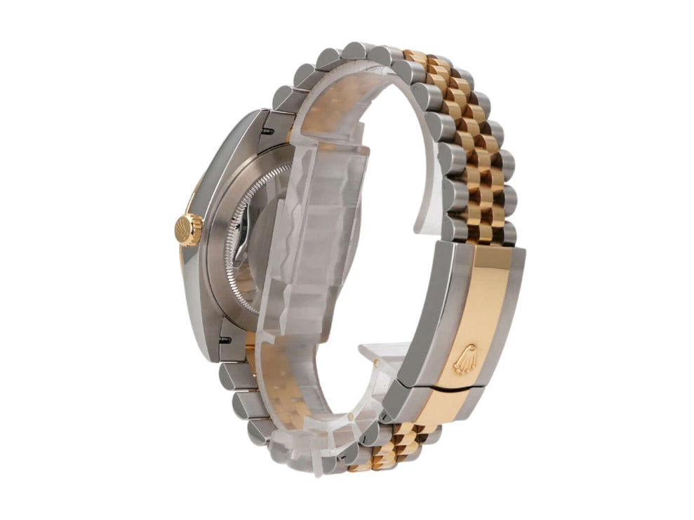 Seitenansicht der Rolex Datejust 41 Edelstahl Gelbgold mit Jubile-Band und Faltschließe, Ref. 126333.