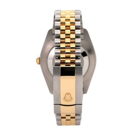 Rolex Datejust 41 Edelstahl Gelbgold Ref. 126333 Jubile-Band mit Faltschließe in der Seitenansicht.