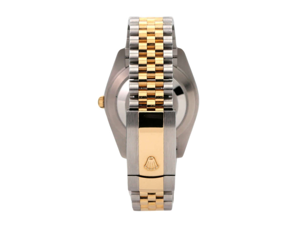 Rolex Datejust 41 Edelstahl Gelbgold Ref. 126333 Jubile-Band mit Faltschließe in der Seitenansicht.