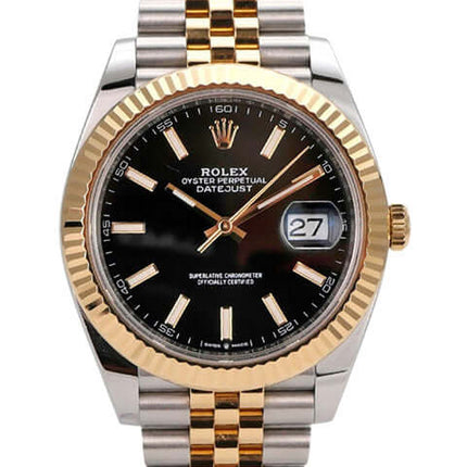 Rolex Datejust 41 Edelstahl Gelbgold 126333 Schwarz Jubile-Band mit schwarzem Zifferblatt und Jubile-Armband.